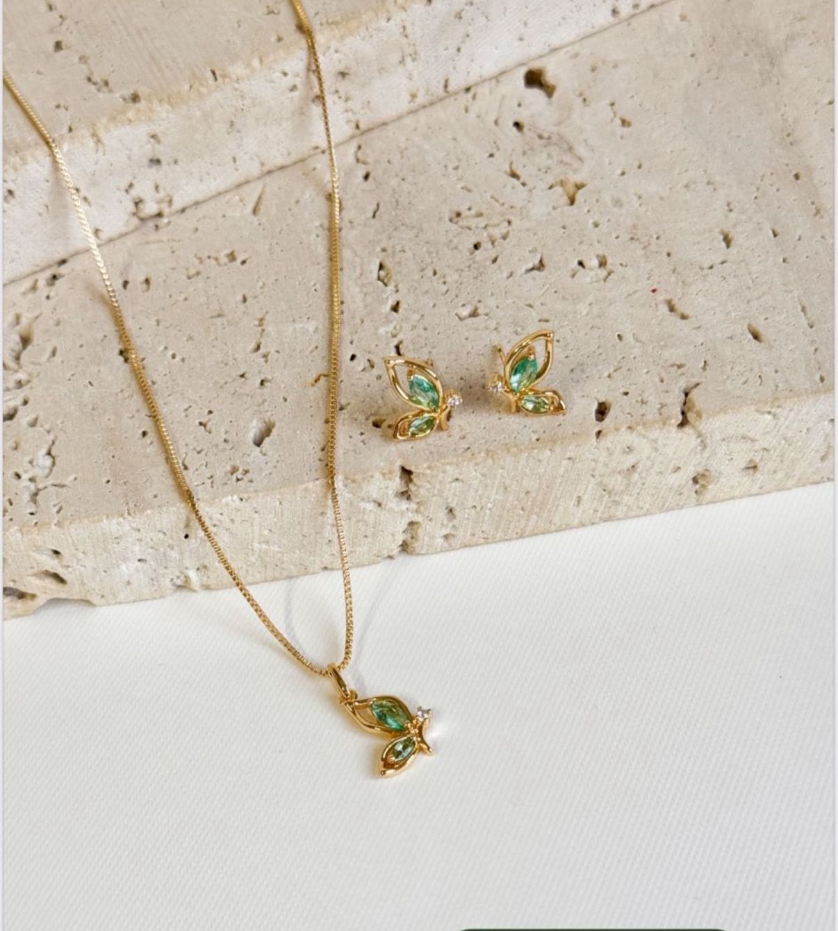 golden emerald leaf necklace earring set 18k gold plated | Golden Emerald Butterfly Set Emerald Leaf Set green gemstone necklace earrings 18k gold platednature-inspired jewelry hypoallergenic gold jewelry luxury gold necklace and earrings
