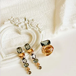 Golden Gem Cascade earrings statement gemstone ring 18k gold plated jewelry set drop earrings cocktail ring with gemstones
