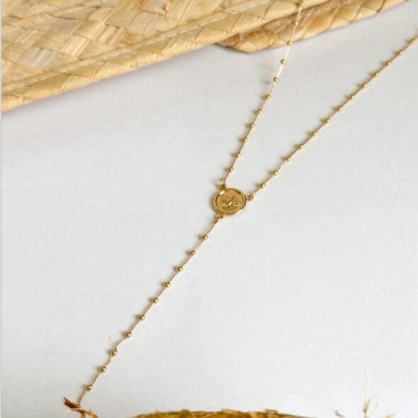 Delicate Gold Rosary Necklace with beaded chain and coin pendant, 18k gold plated.