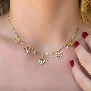 Gold Necklace with Religious Zirconia Charms featuring delicate religious medallion charms and zirconia accents, hypoallergenic semi-jewelry plated in 18k gold for lasting shine.