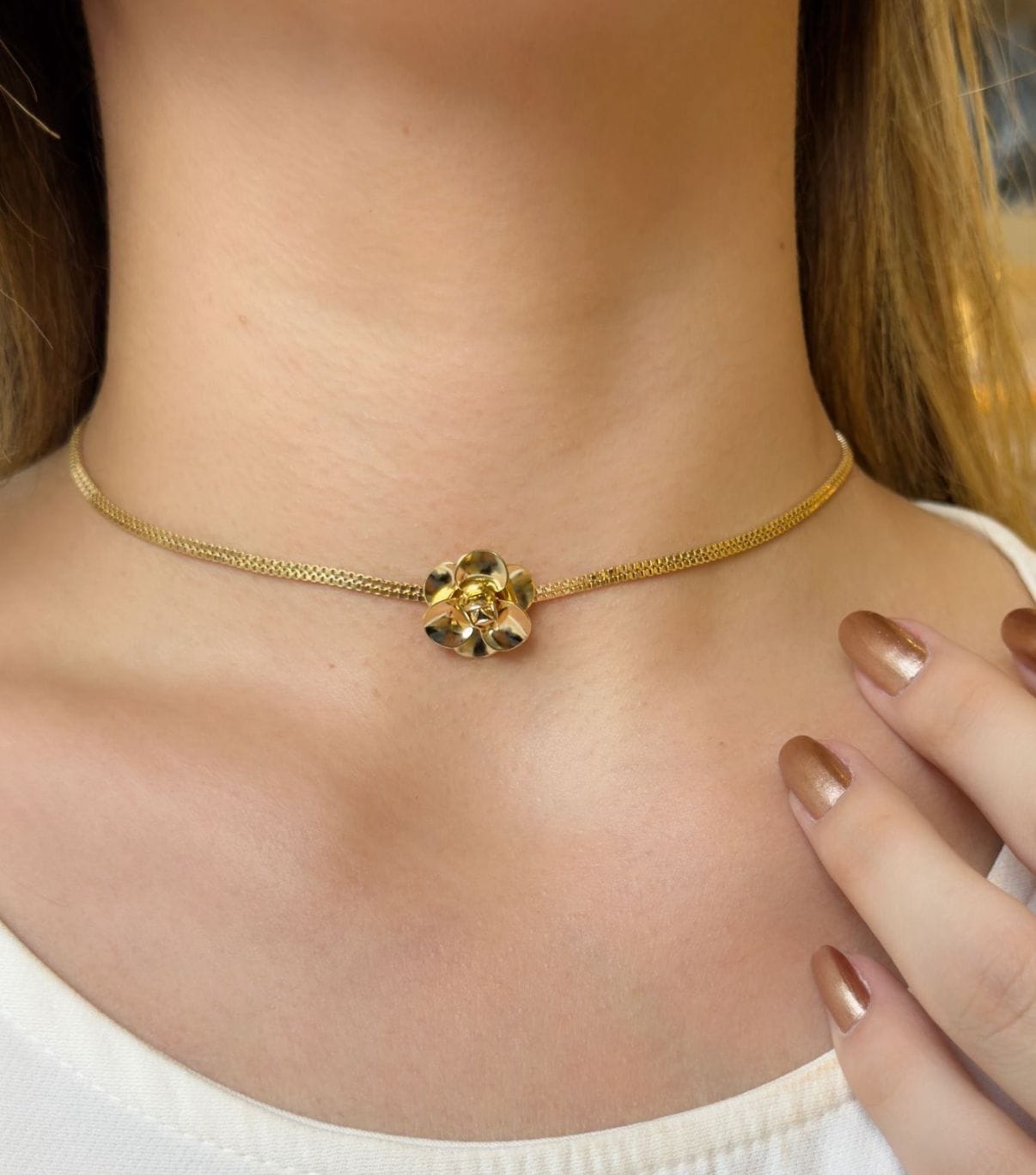 gold rose choker necklace madu joia rara | Gold Rose Choker Necklace Gold rose choker necklace with a sculpted rose centerpiece, hypoallergenic semi-jewelry plated in 18k gold for lasting shine and elegance.