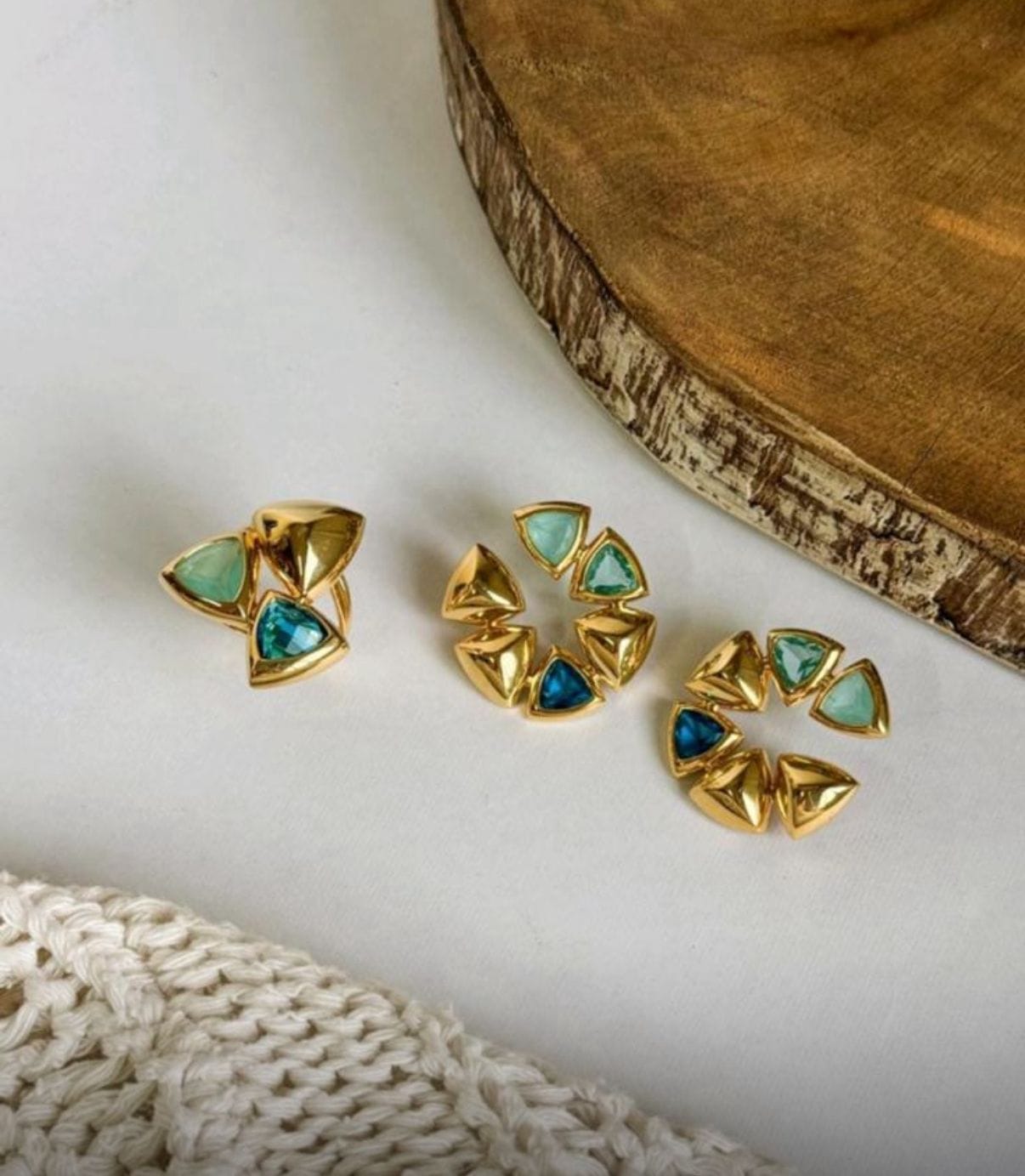 golden geo gem earrings green blue gemstones 18k gold plated | Golden Geo Gem Earrings and Ring Golden Geo Gem Earrings and Ring featuring 18k gold-plated triangular shapes with green and blue faceted gemstones