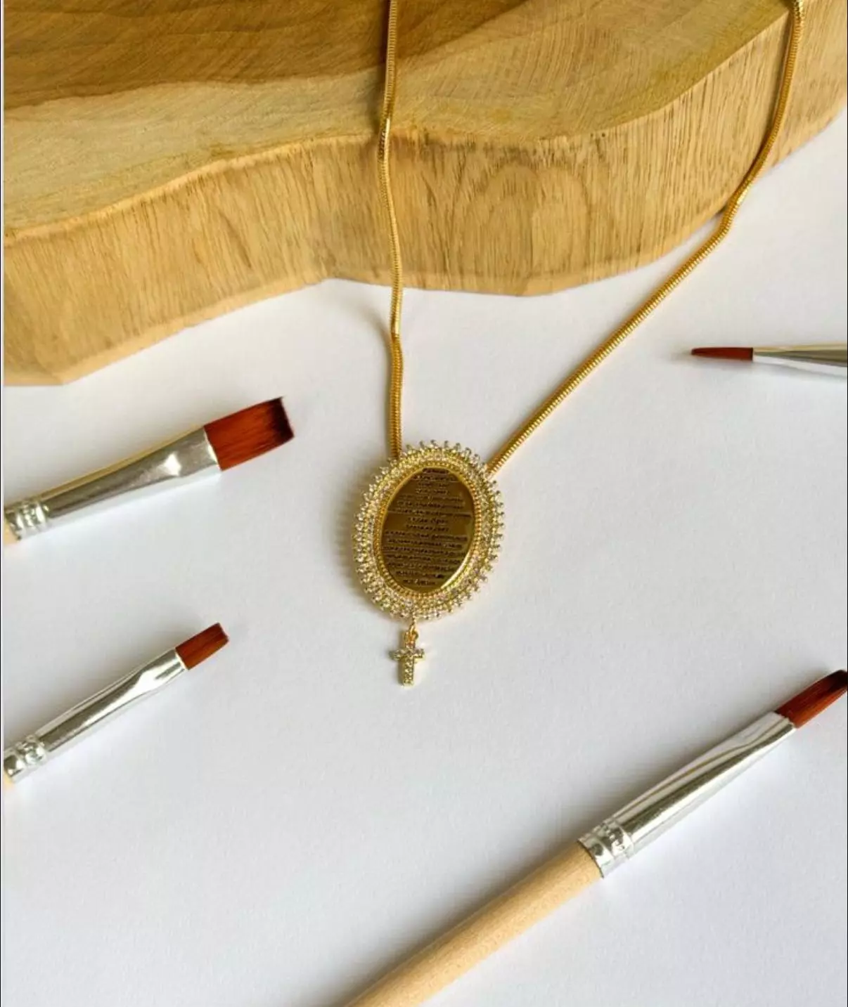golden prayer pendant necklace cross charm 18k gold plated | Golden Prayer Pendant with Cross Charm Golden Prayer Pendant Necklace featuring 18k gold-plated oval pendant with engraved prayer, pavé zirconia border, and cross charm