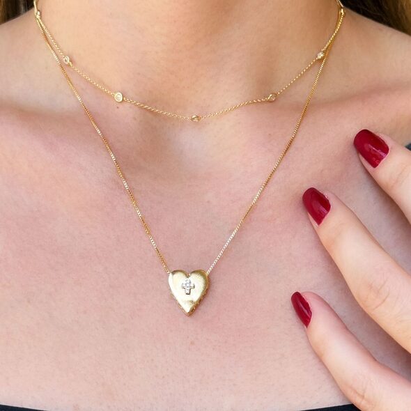 Layered Gold Necklace with Heart Pendant Cross Detail