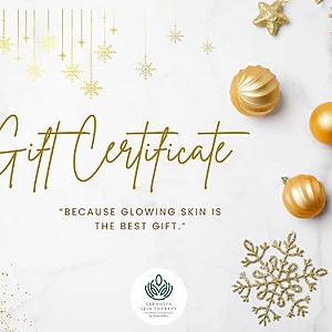 Holiday-themed Sarasota Skin Therapy gift certificate valued at $100, displayed on a white marble background with gold ornaments, snowflakes, and hanging stars. Text reads ‘Gift Certificate’ in elegant gold script and ‘Value: $100’ and another values in bold gold letters. Sarasota Skin Therapy logo appears at the bottom, representing premium skincare services such as facials, microneedling, and advanced skin treatments