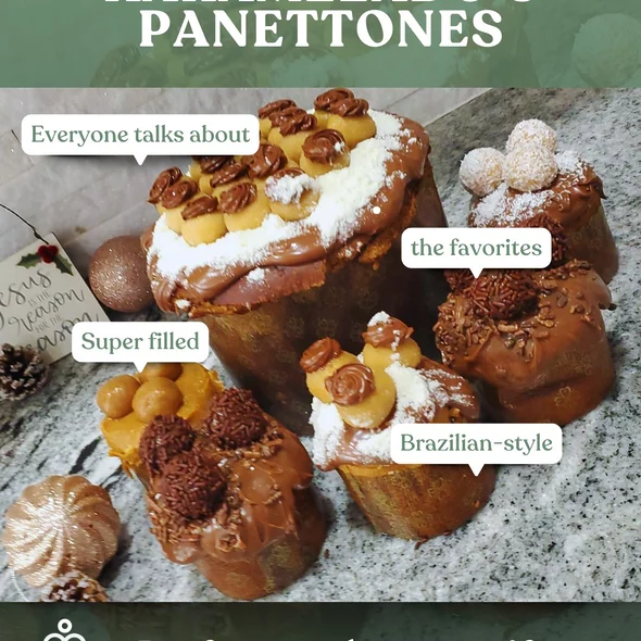 Assorted Karamelado holiday panettones displayed on a festive table, each in an elegant gift box with satin bows. Flavors include Romeo & Juliet with creamy cheese and guava, White Chocolate Brigadeiro with glossy white glaze, Classic Brigadeiro with chocolate truffles, Bem-Casado with two layers of brigadeiro, Churros topped with cinnamon sugar and dulce de leche, and Passion Fruit Mousse with tropical accents. Perfect for holiday gifting and celebrations