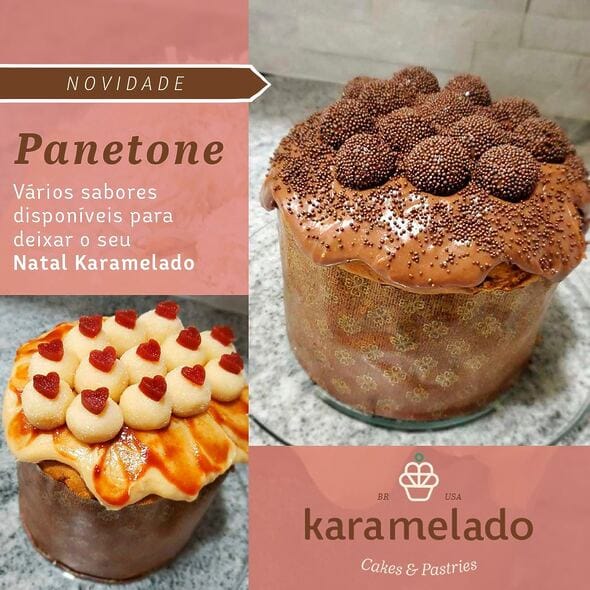 Brazilian-style Brigadeiro panettone from Karamelado, beautifully decorated with chocolate glaze and topped with brigadeiro truffles. The panettone is presented in a festive setting, highlighting its rich chocolate filling and elegant holiday design