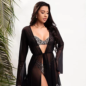 Short black sheer beach cover‑up with front tie by Fashion Brasil Sun and Sea, Brazilian resort wear.