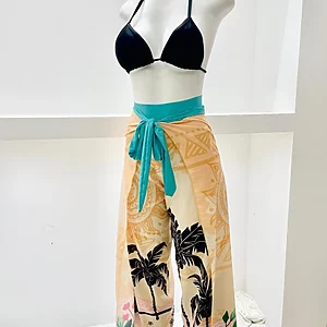 Tropical envelope pants with wrap waist and palm print by Fashion Brasil Sun and Sea, beach and resort wear.