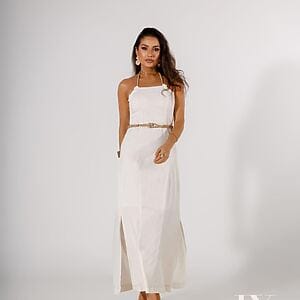 Long white halter dress with belt and front slit, Fashion Brasil Sun and Sea.