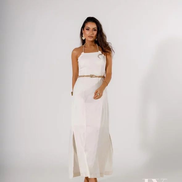 Long white halter dress with belt and front slit, Fashion Brasil Sun and Sea.
