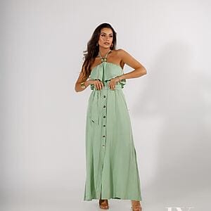 Long mint‑green halter dress with front buttons and flowing silhouette, Fashion Brasil Sun and Sea