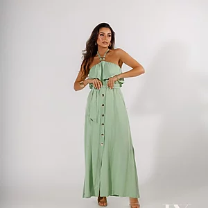 Long mint‑green halter dress with front buttons and flowing silhouette, Fashion Brasil Sun and Sea