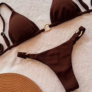 Brown textured two‑piece bikini with triangle top and metal ring details, Fashion Brasil Sun and Sea.