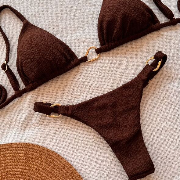 Brown textured two‑piece bikini with triangle top and metal ring details, Fashion Brasil Sun and Sea.
