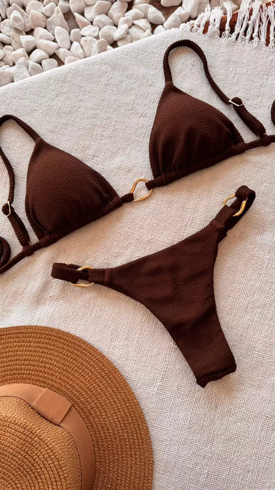 ocean cocoa bikini fashion brasil sun and sea | Ocean Cocoa Bikini - Fashion Brasil Sun and Sea Brown textured two‑piece bikini with triangle top and metal ring details, Fashion Brasil Sun and Sea.