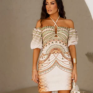 Off‑shoulder mini dress with ornate coastal print, Fashion Brasil Sun and Sea.