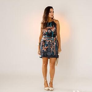 Printed sleeveless mini dress with tropical pattern and waist detail, Fashion Brasil Sun and Sea.
