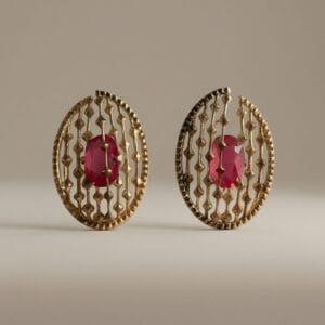 Gold-tone earrings with pink sapphire center stones and delicate openwork details, symbolizing love and elegance, designed as a meaningful Mother’s Day jewelry gift by Madu Joia Rara.