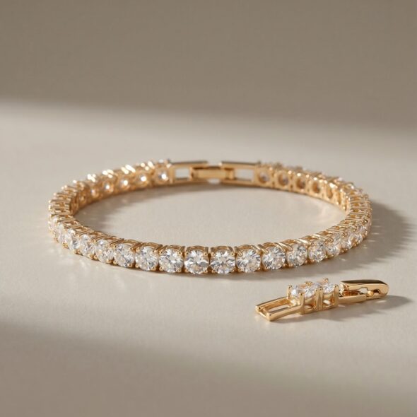 Gold diamond-style bracelet with brilliant round stones in a continuous design, symbolizing forever love and created as a meaningful Mother’s Day jewelry gift by Madu Joia Rara.