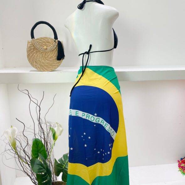 Brazilian canga sarong featuring the Brazilian flag in green, yellow, blue, and white, designed for beach and summer wear by Fashion Brasil Sun and Sea.