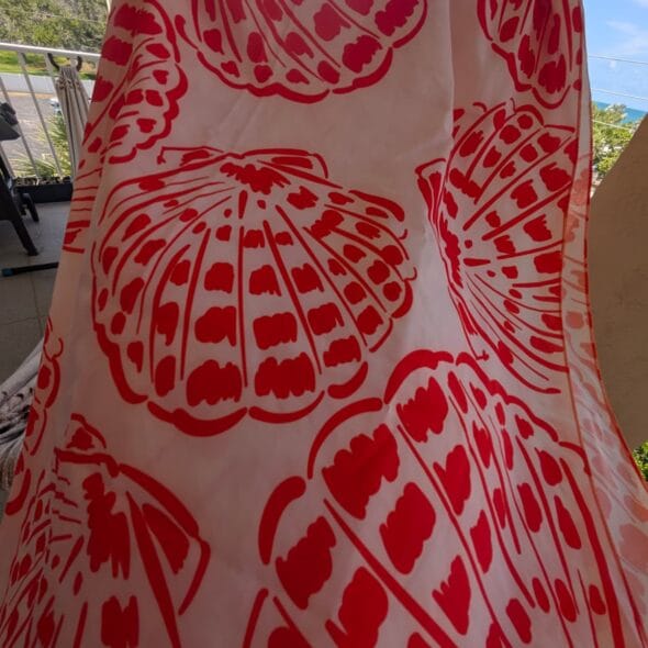 Coral shell print wrap beach pants with lightweight flowy fabric, Fashion Brasil Sun and Sea.