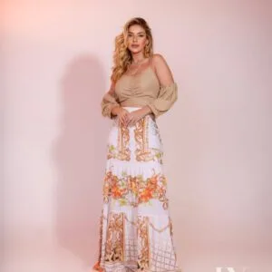 Maxi dress with removable sleeves and elegant printed skirt, Fashion Brasil Sun and Sea.