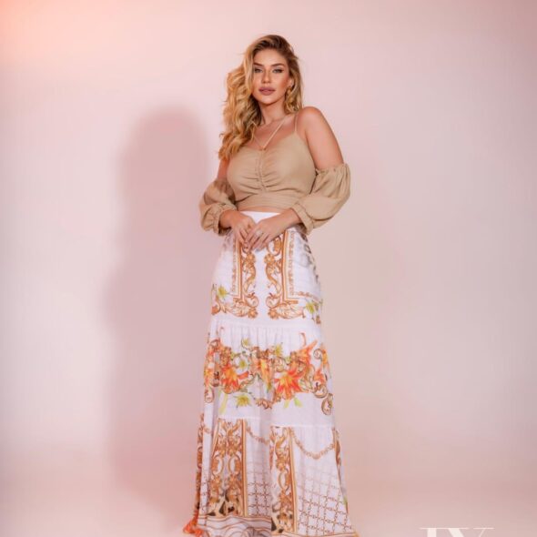 Maxi dress with removable sleeves and elegant printed skirt, Fashion Brasil Sun and Sea.