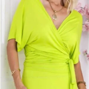 Bright lime flowing midi dress with relaxed silhouette, Fashion Brasil Sun and Sea.
