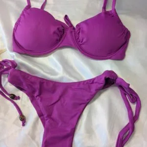 Purple structured bikini with underwire top and tie‑side bottom with bead details, Fashion Brasil Sun and Sea.