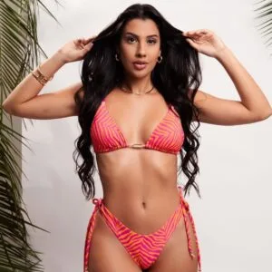 Brazilian triangle bikini with pink and gold zebra print and adjustable ties, Fashion Brasil Sun and Sea.