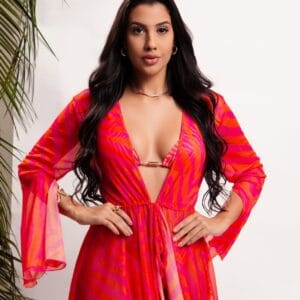 Short tropical beach cover‑up with flowing silhouette and deep neckline, Fashion Brasil Sun and Sea.