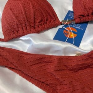 Terracotta textured triangle bikini with Brazilian cut and adjustable ties, Fashion Brasil Sun and Sea.