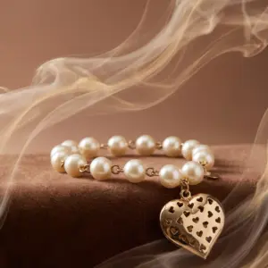 Gold-tone bracelet with pearl-inspired beads and an open heart charm, symbolizing love and elegance by Madu Joia Rara.