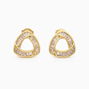 Close-up of Mari Semijoias geometric gold-plated earrings featuring sparkling crystal zirconia details