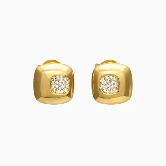 mari semijoias geometric glow zirconia earrings front | Geometric Glow Zirconia Earrings - Mari Semijoias Mari Semijoias geometric square earrings with sparkling zirconia center and 18K gold-plated finish