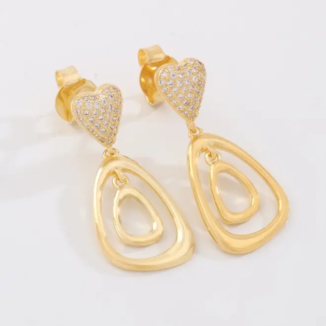 mari semijoias heart harmony drop earrings front | Heart & Harmony Drop Earrings - Mari Semijoias Close-up of Mari Semijoias gold-plated heart earrings featuring sparkling zirconia details