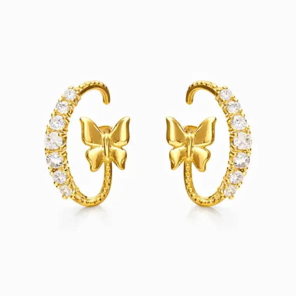 Mari Semijoias butterfly ear hook earrings with sparkling zirconia stones and 18K gold-plated finish