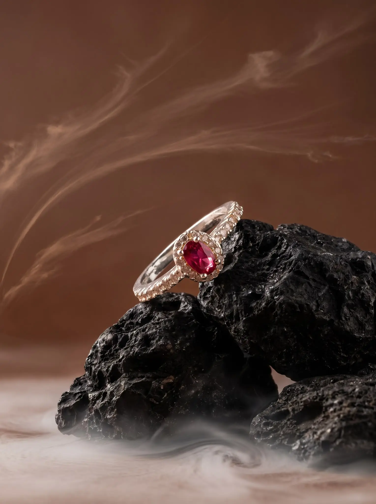 ruby glow ring madu joia rara | Ruby Glow Ring - Madu Joia Rara Ruby Glow Ring by Madu Joia Rara featuring a ruby-red oval gemstone surrounded by sparkling crystal accents.