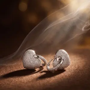 Heart-shaped silver-tone earrings adorned with brilliant pavé zirconia stones, featuring an elegant hoop design and luxurious sparkle, displayed on a warm textured background by Madu Joia Rara.