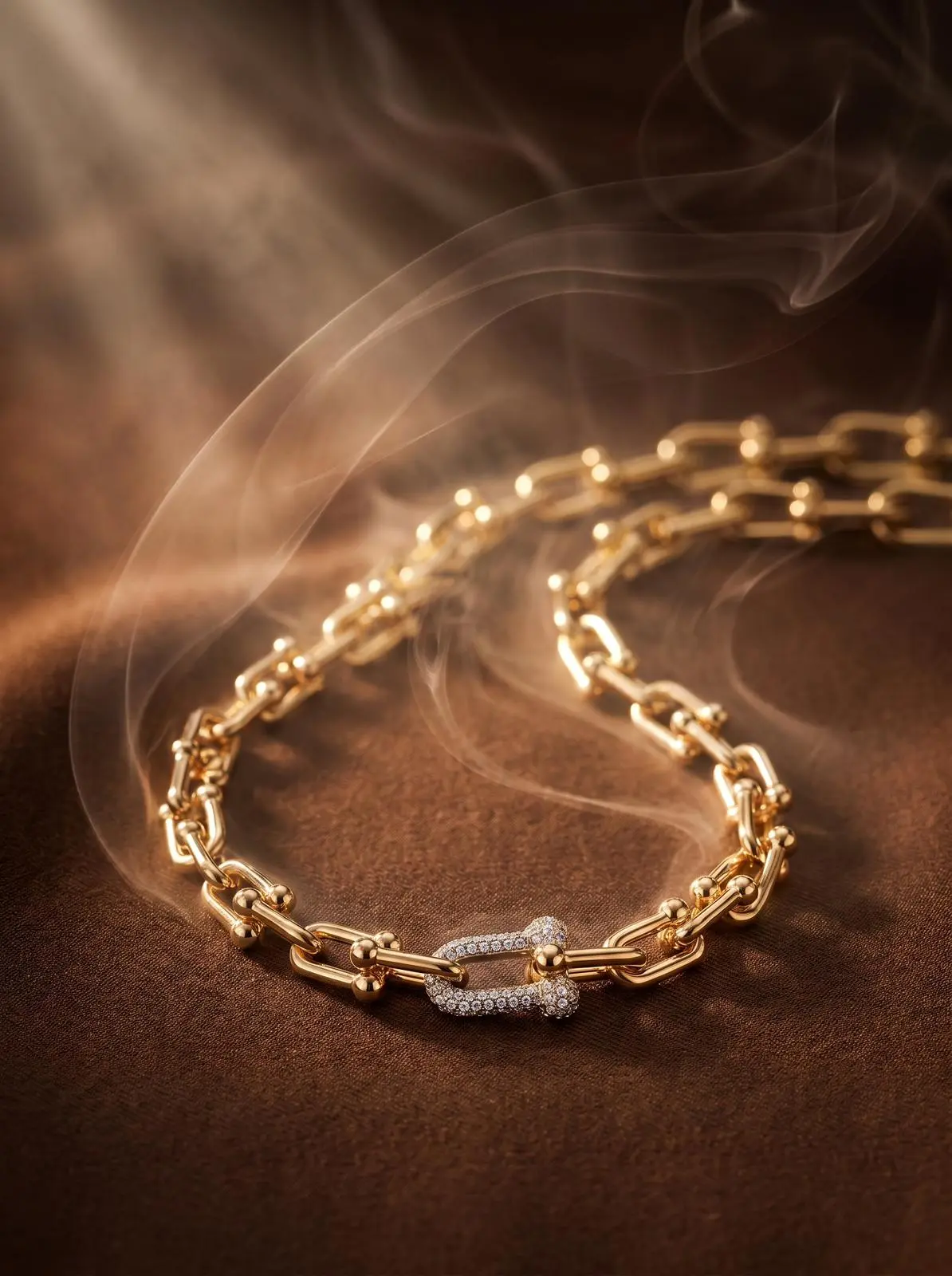 eternal link necklace madu joia rara gold zirconia | Eternal Link Necklace – Madu Joia Rara Gold-tone statement link necklace featuring elongated polished links and a sparkling zirconia pavé clasp centerpiece, displayed on a luxurious textured background, symbolizing elegance, strength, and timeless sophistication by Madu Joia Rara.
