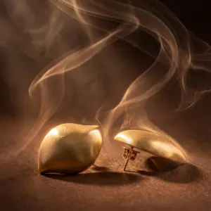 Golden Essence Stud Earrings Gold-tone organic-shaped stud earrings with a satin brushed finish, displayed on a warm golden background with soft flowing light, showcasing modern elegance and timeless sophistication by Madu Joia Rara.