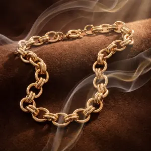 Golden Harmony Chain Necklace Gold-tone interlocking chain necklace with oversized circular links, displayed on a warm textured background with soft golden light, representing modern elegance and timeless sophistication by Madu Joia Rara.