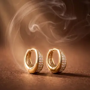 Golden Infinity Spark Hoops Gold-tone hoop earrings featuring multiple rows of sparkling zirconia stones, displayed on a warm golden background with soft swirling light, showcasing timeless elegance and luxury by Madu Joia Rara.