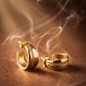 Golden Radiance Zirconia Hoops Pair of gold-tone hoop earrings featuring a polished curved design and a delicate row of sparkling zirconia stones, displayed on a warm golden background with soft swirling smoke, highlighting elegance and luxury by Madu Joia Rara.
