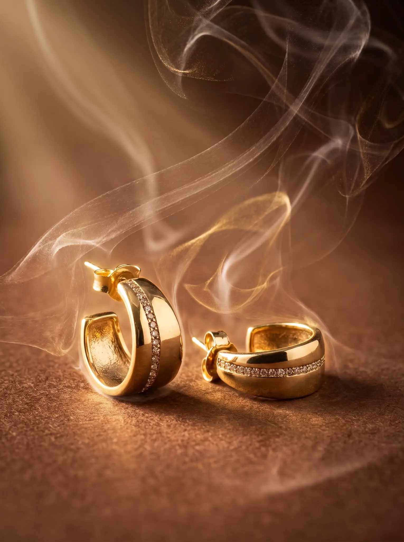 golden radiance zirconia hoops madu joia rara | Golden Radiance Zirconia Hoops – Madu Joia Rara Golden Radiance Zirconia Hoops Pair of gold-tone hoop earrings featuring a polished curved design and a delicate row of sparkling zirconia stones, displayed on a warm golden background with soft swirling smoke, highlighting elegance and luxury by Madu Joia Rara.