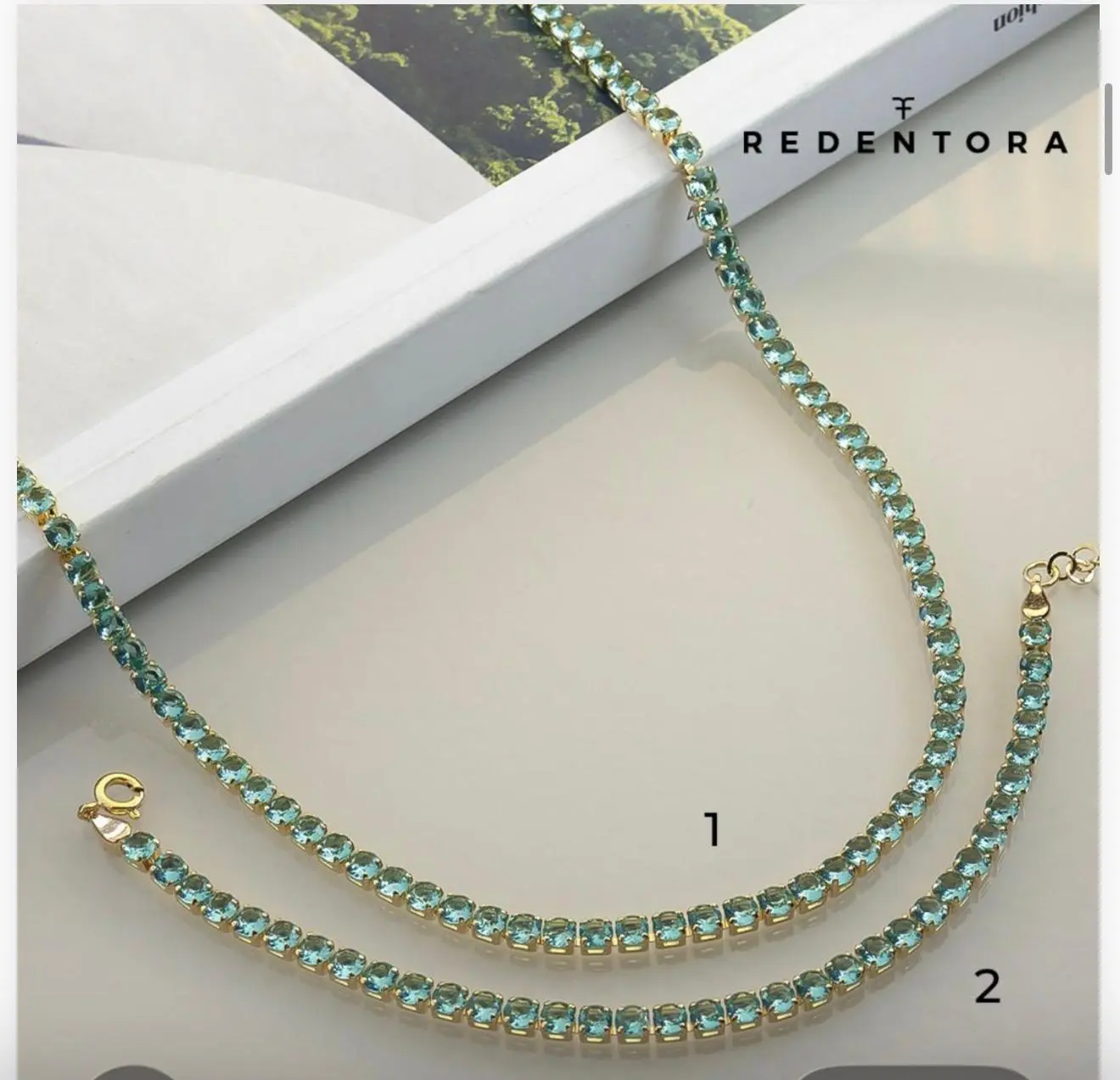 mari semijoias blue crystal riviera necklace detail | Ocean Majesty Riviera Necklace - Mari Semijoias Mari Semijoias Ocean Majesty Riviera Necklace with ocean-blue crystals and gold-plated finish