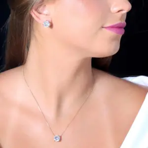 Mari Semijoias Crystal Halo Jewelry Set with round clear zirconia necklace and matching earrings