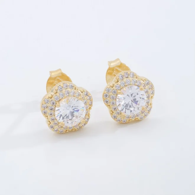 mari semijoias timeless halo zirconia earrings front | Timeless Halo Zirconia Earrings - Mari Semijoias Close-up of Mari Semijoias round halo earrings featuring sparkling micro-zirconia accents