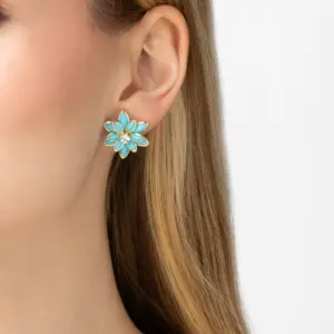 Gold Floral Turquoise Resin Stud Earrings with Zirconia Center - Mari Semijoias